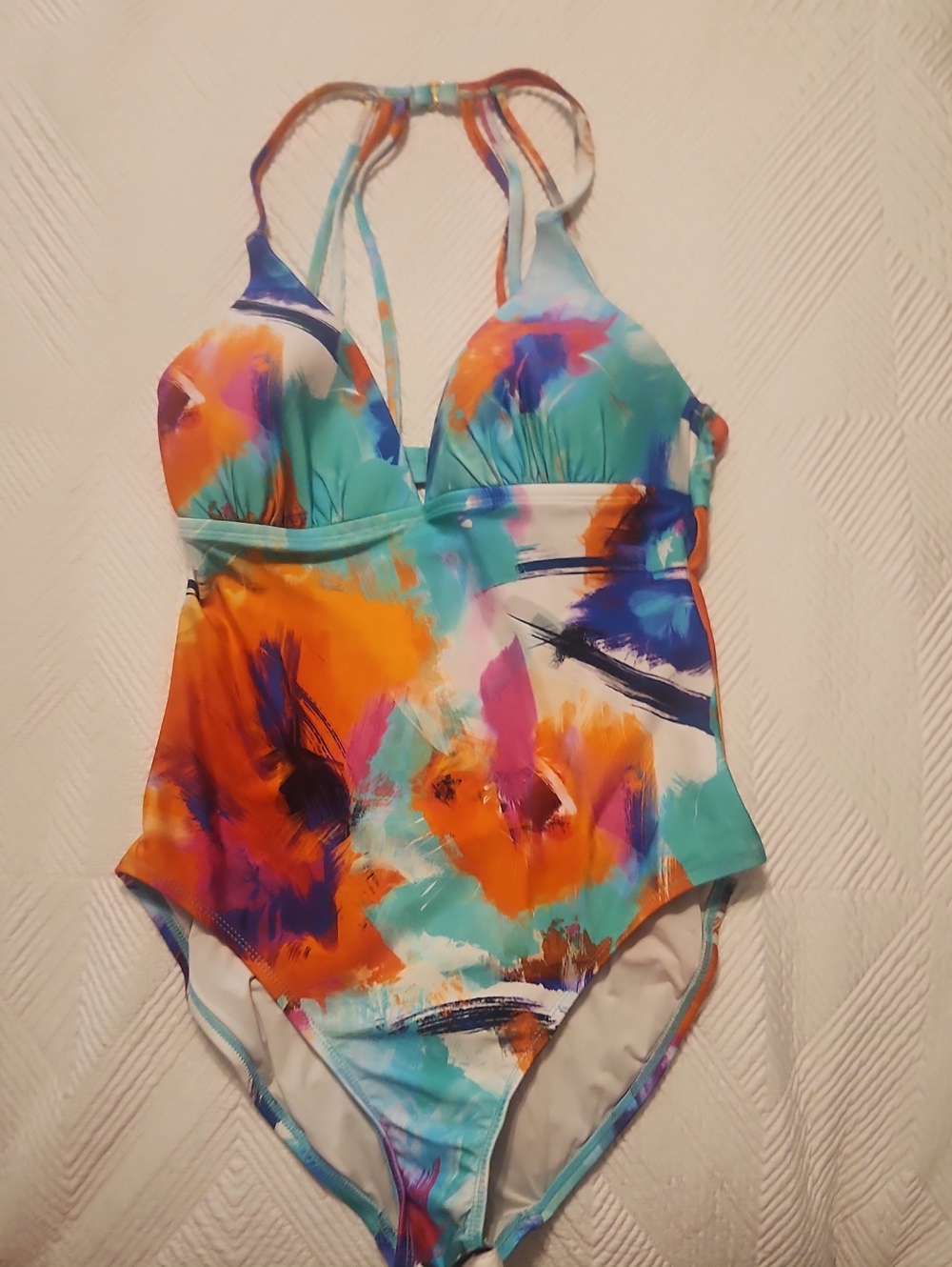 La Blanca Multicolor Abstract One-Piece Swimsuit in Turquoise and Orange